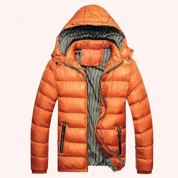 Men's Shiny Quilted Hooded Jacket with Thermo Padding and Striped Lining Mune Fashion