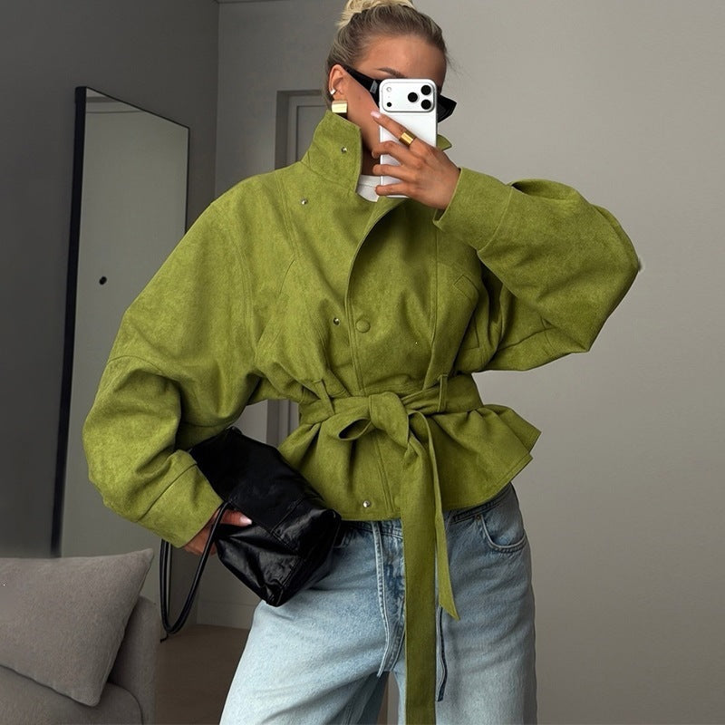 Women's Tailored Short Jacket in Suede Look with Wide Sleeve and Tie Belt Mune Fashion