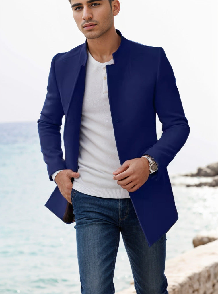 Men's Stand-Up Collar Longline Coat in Slim Fit with Hidden Button Placket Mune Fashion
