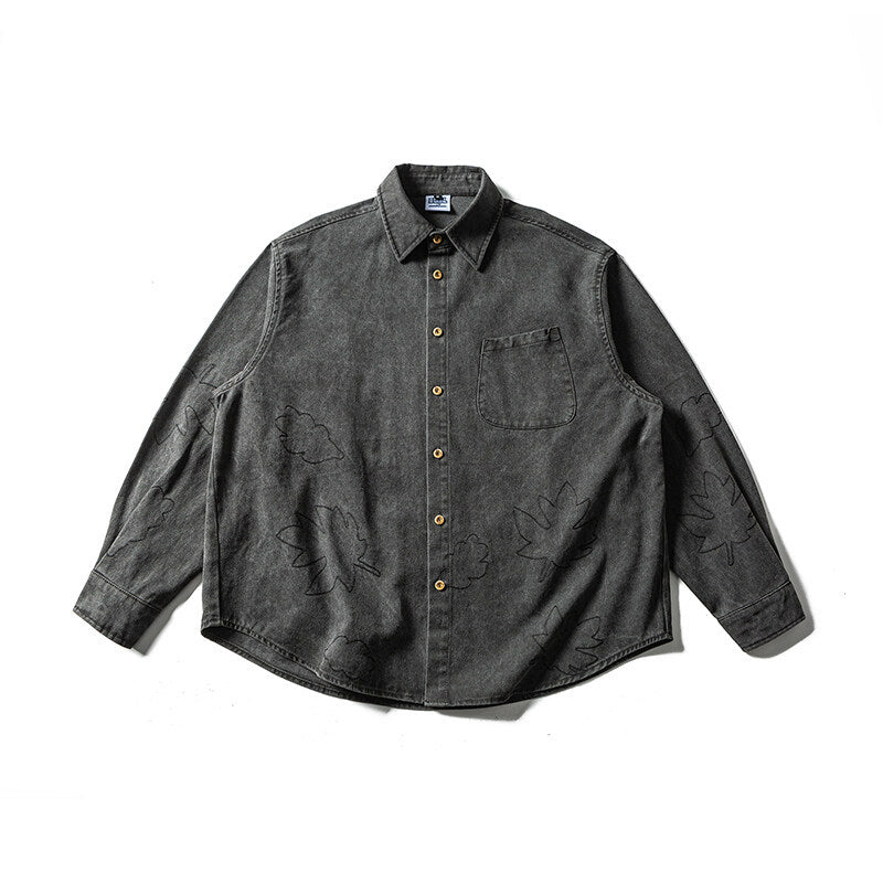 Unisex Oversized Shirt Jacket with Embroidered Leaf Motifs and Rounded Hem Mune Fashion