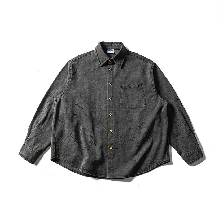 Unisex Oversized Shirt Jacket with Embroidered Leaf Motifs and Rounded Hem Mune Fashion
