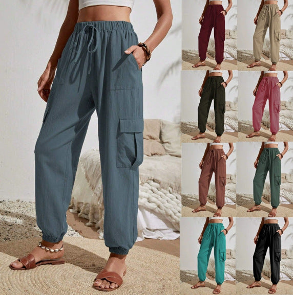Women's Lightweight Cargo Jogging Pants with Drawstring, Elastic Waistband and Elastic Cuffs Mune Fashion