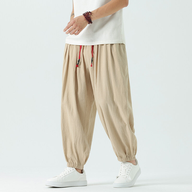 Men's loose harem pants with drawstring, elastic cuffs, and light cotton-linen blend Mune Fashion