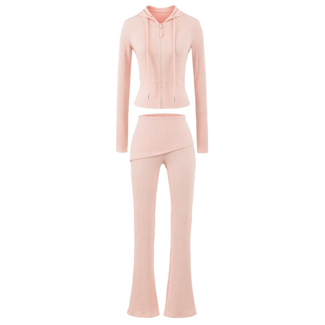 Women's Ribbed Lounge Set with Hooded Jacket and Wrap Waist Pants Mune Fashion