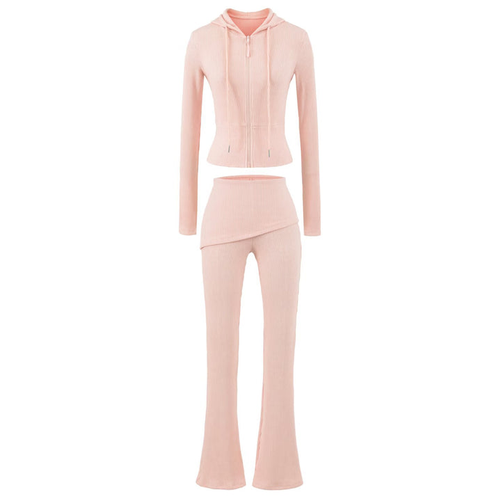 Women's Ribbed Lounge Set with Hooded Jacket and Wrap Waist Pants Mune Fashion