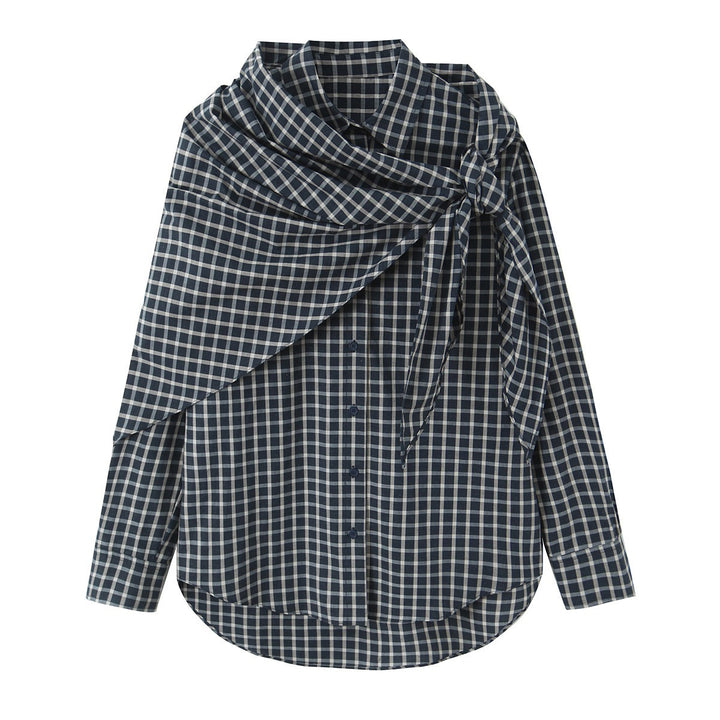 Women Checked Blouse Shirt with Asymmetrical Scarf Detail Mune Fashion