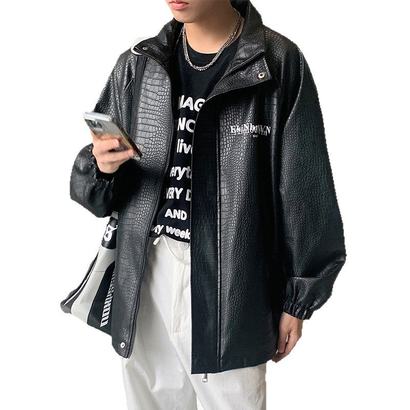 Men's Oversized Faux Leather Jacket with Crocodile Embossing and Back Logo Mune Fashion