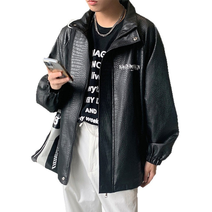 Men's Oversized Faux Leather Jacket with Crocodile Embossing and Back Logo Mune Fashion