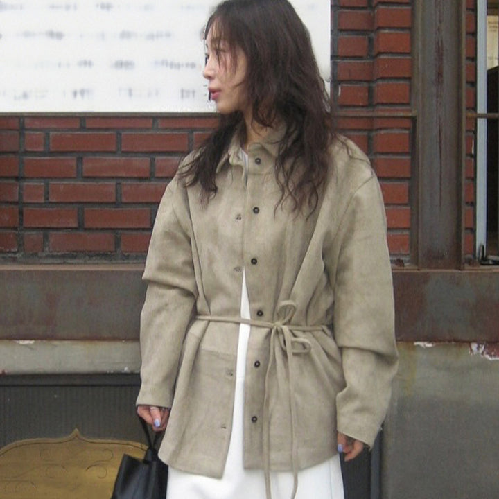 Ladies Oversized Suede-Look Utility Jacket with Drawstring Waist