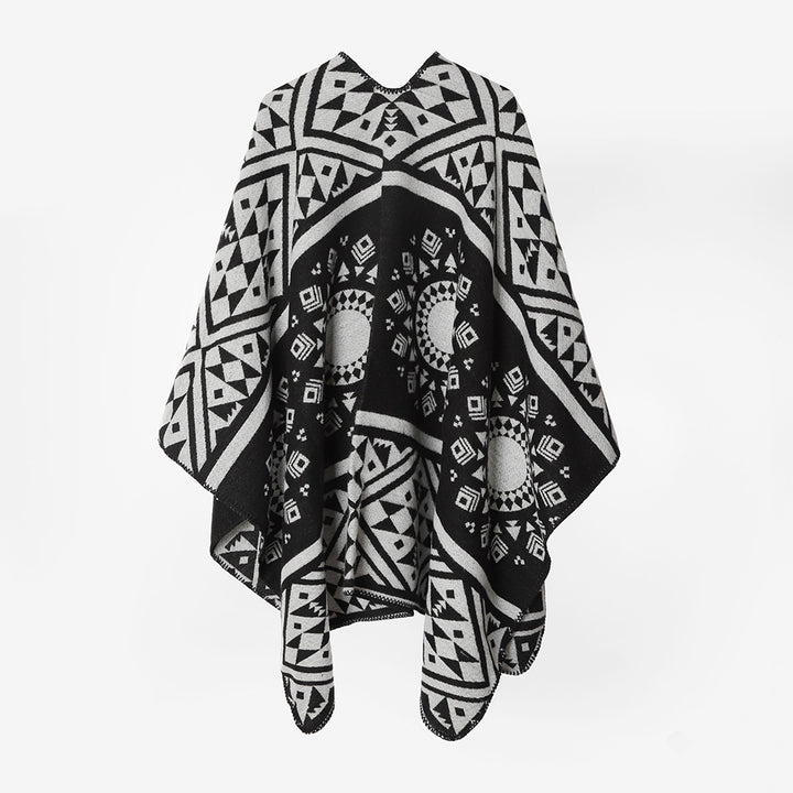 Women's Woven Oversized Cape Poncho with Aztec Jacquard Pattern and Decorative Overlock Edge Mune Fashion