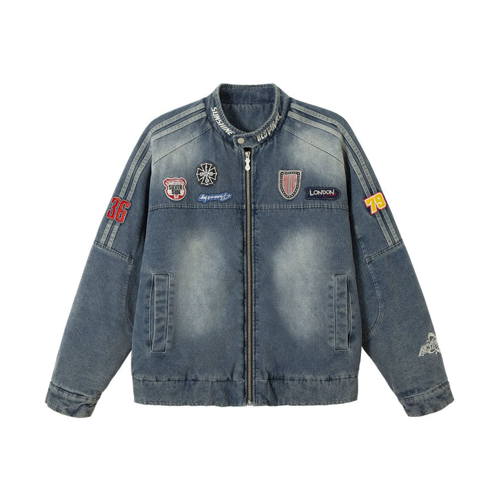 Men's jeans bomber jacket with vintage wash, patch detail and stand-up collar Mune Fashion
