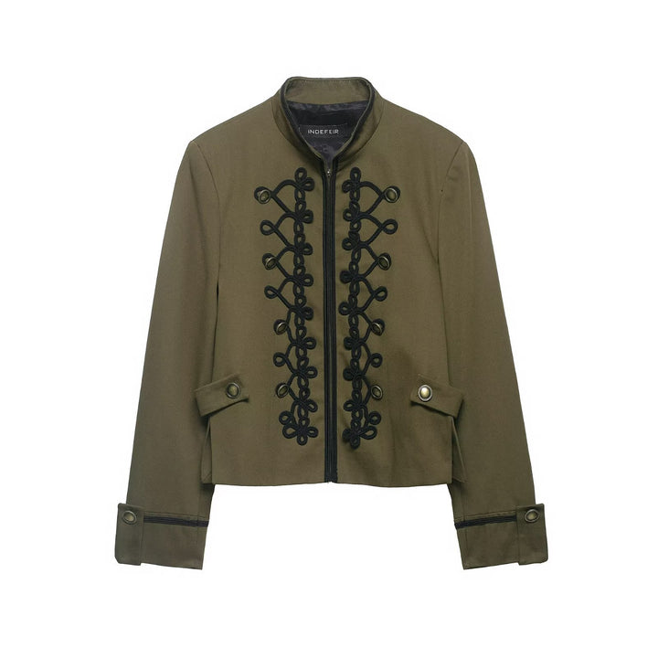 Women's Cropped Military Jacket with Standing Collar and Decorative Cord Application Mune Fashion