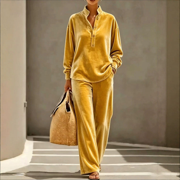 Ladies Velour Loungewear Set with Stand Collar Henley Top and Wide Palazzo Pants Mune Fashion