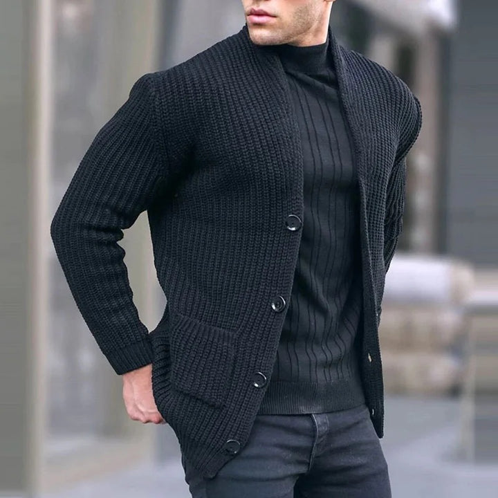 Men's chunky knit cardigan with shawl collar and patch pockets Mune Fashion