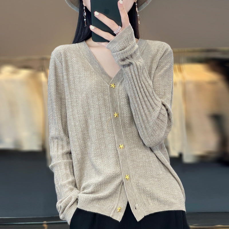 Women Lightweight V-Neck Cardigan with Textured Vertical Stripes and Star Buttons Mune Fashion