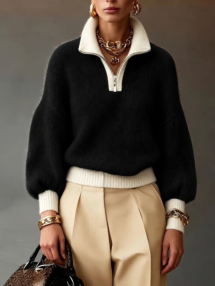 Women's Fluffy Sweater with Half Zipper, Stand Collar and Balloon Sleeves Mune Fashion