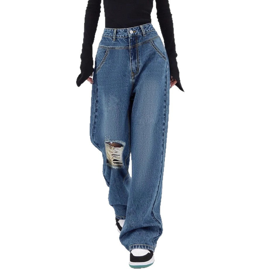 Women high-waisted oversized baggy jeans with knee rip and wide leg Mune Fashion