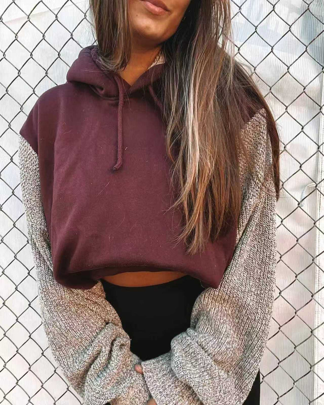 Women's Hooded Cropped Pullover with Wide-Cut Knitted Sleeves and Drawstring Mune Fashion