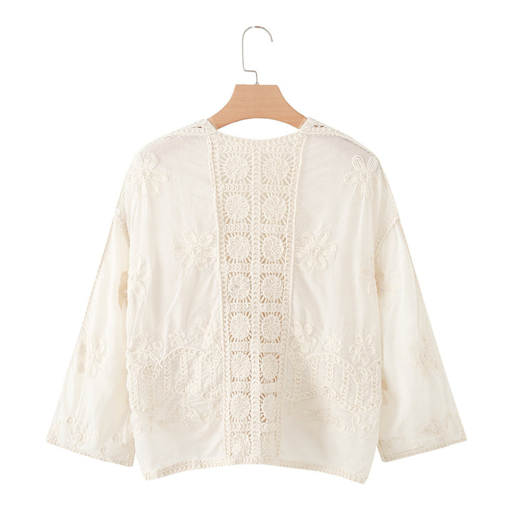 Women's Short Crochet and Embroidered Jacket in Boho Kimono Style with Tie Band Drune
