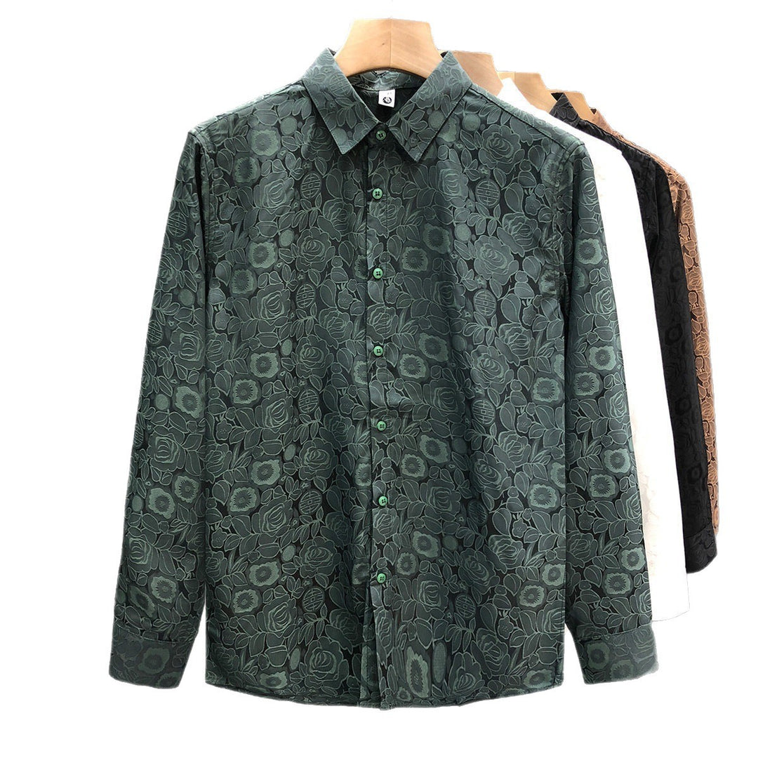 Men's Long Sleeve Jacquard Shirt with Fine Floral Relief and Kent Collar Mune Fashion