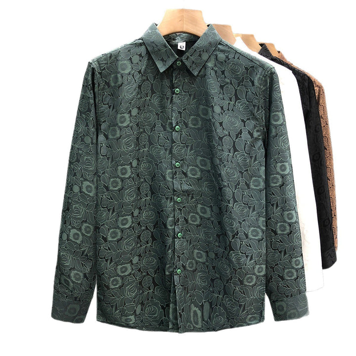 Men's Long Sleeve Jacquard Shirt with Fine Floral Relief and Kent Collar Mune Fashion