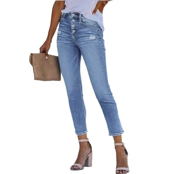 Women's High-Waisted Slim Jeans with Visible Button Placket and Ankle-Length Fit Mune Fashion