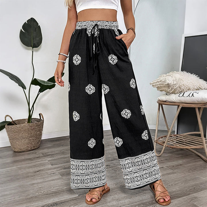Women's Boho Print Palazzo Pants with Wide Leg, Elastic Drawstring Waistband and Side Pockets Mune Fashion