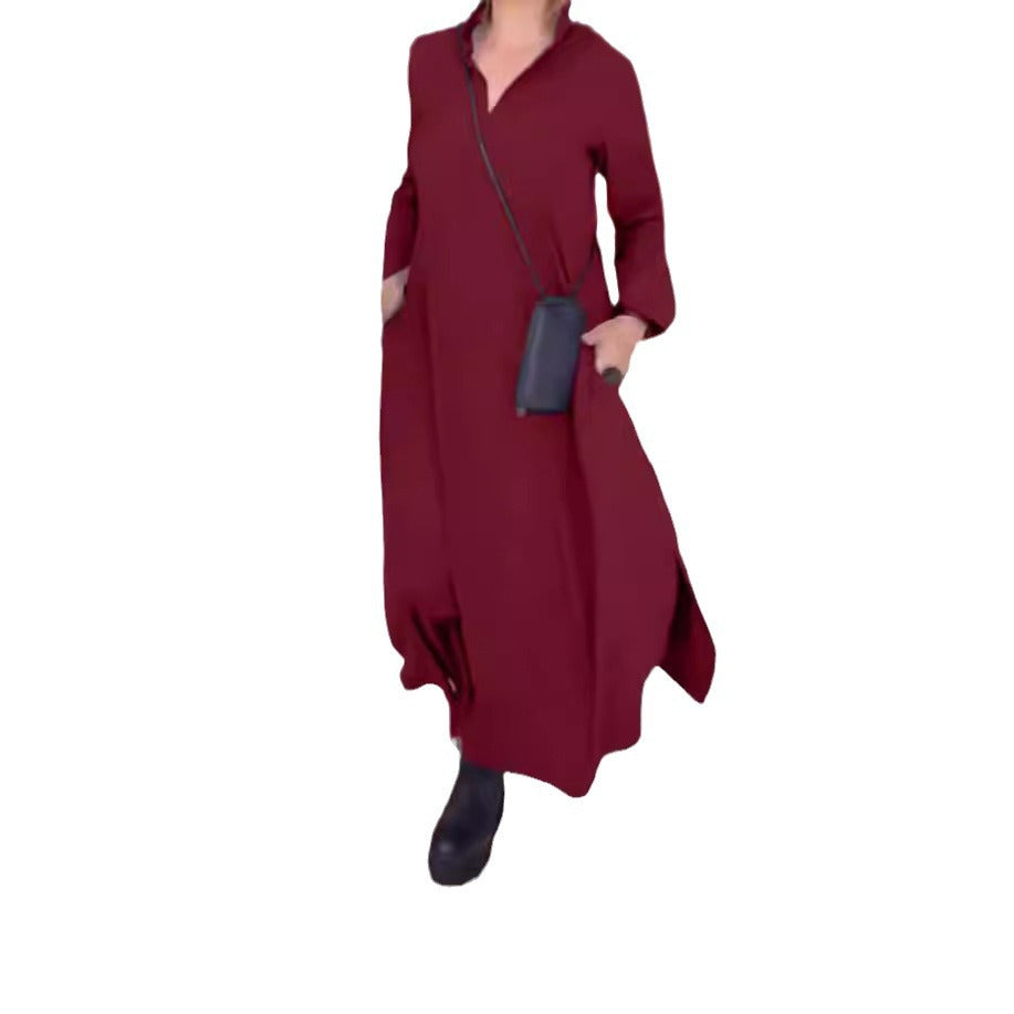 Women's flowing maxi dress with V-neck, boxy A-line, and long sleeves Mune Fashion