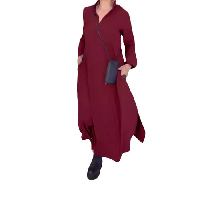 Women's flowing maxi dress with V-neck, boxy A-line, and long sleeves Mune Fashion