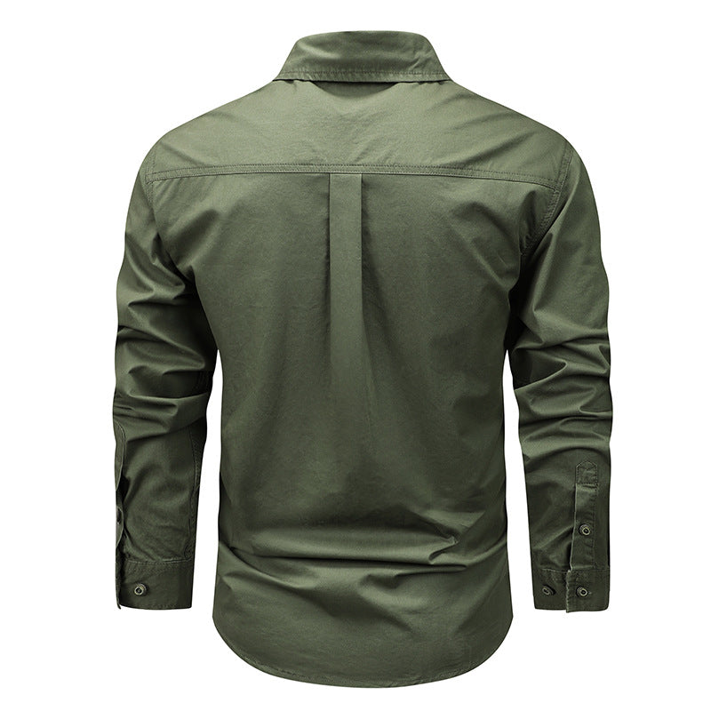 Men's urban field shirt with reinforced seams, concealed button placket, and multiple patch flap pockets.