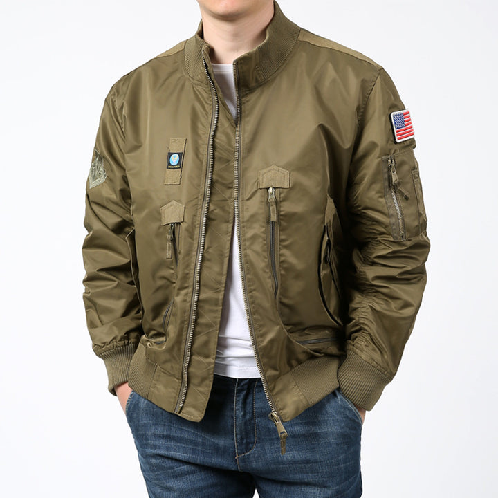 Men's Pilot Bomber Jacket with Utility Arm Pocket, Zipper Front and Ribbed Cuffs Mune Fashion