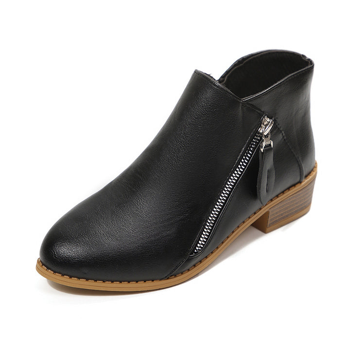 Women's Short Shaft Ankle Boots with Side Zipper and Low Block Heel Mune Fashion