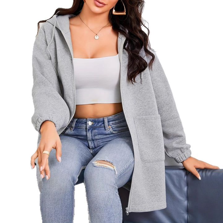 Women's Longline Hooded Jacket with Full Zipper, Kangaroo Pockets and Elastic Cuffs Mune Fashion