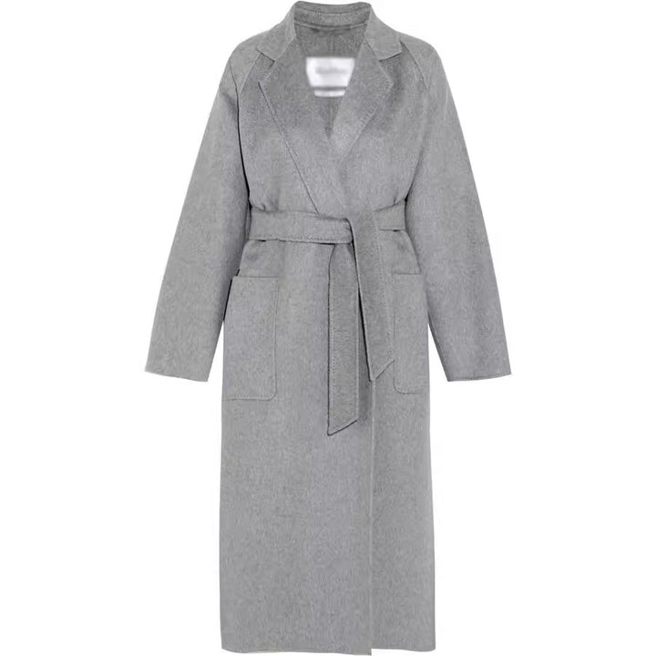 Women's Floor-Length Open Wool Blend Coat with Relaxed Lapels and Flowing Draping Mune Fashion