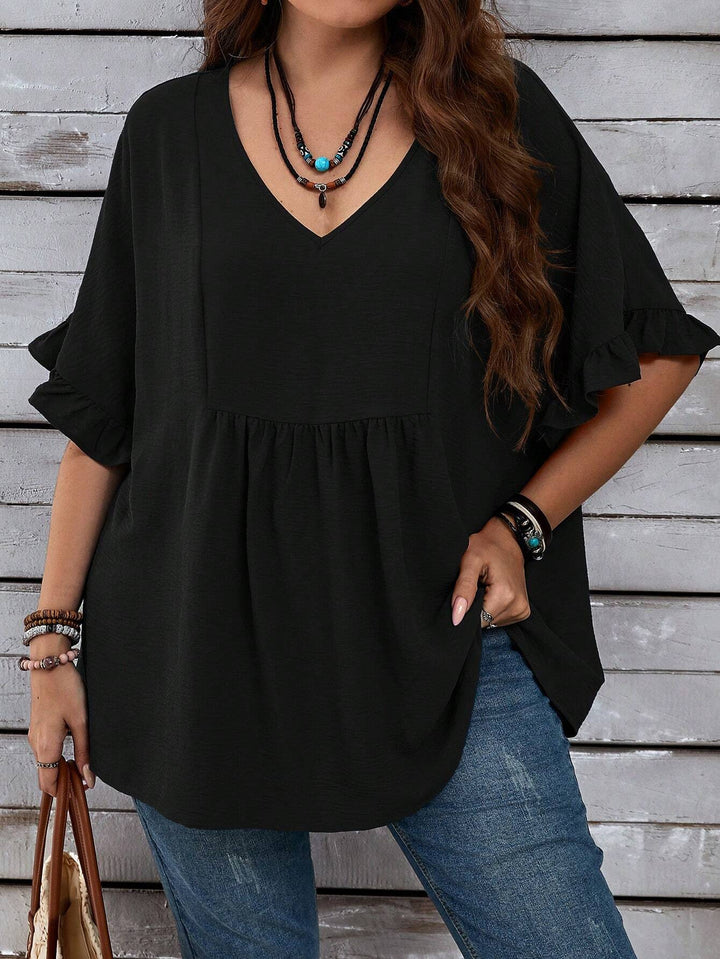 Women's Casual V-Neck Tunic with Gathered Empire Seam and Ruffle Sleeves Mune Fashion