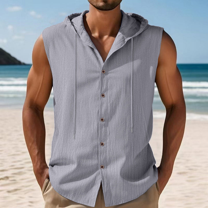 Men's sleeveless hooded shirt made of crepe-structured cotton blend with continuous button placket and drawstring Mune Fashion
