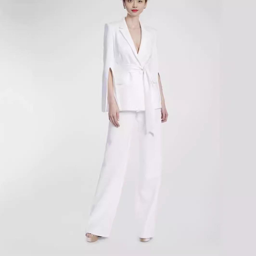 Women Tailored Cape Blazer with Tie Belt and Wide Palazzo Pants Mune Fashion