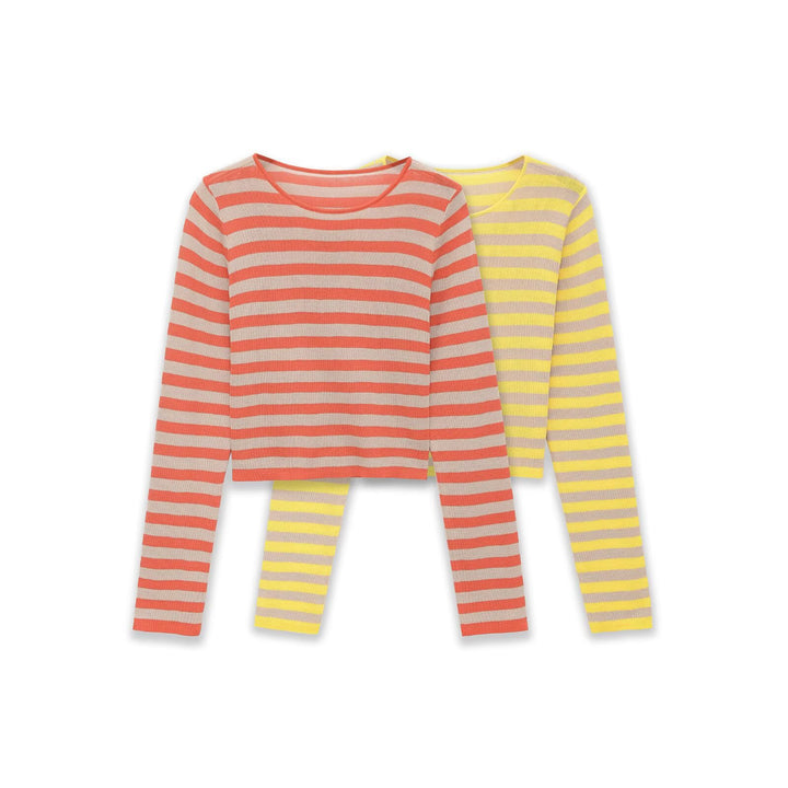 Women Striped Cropped Fine Knit Sweater with Round Neck Mune Fashion