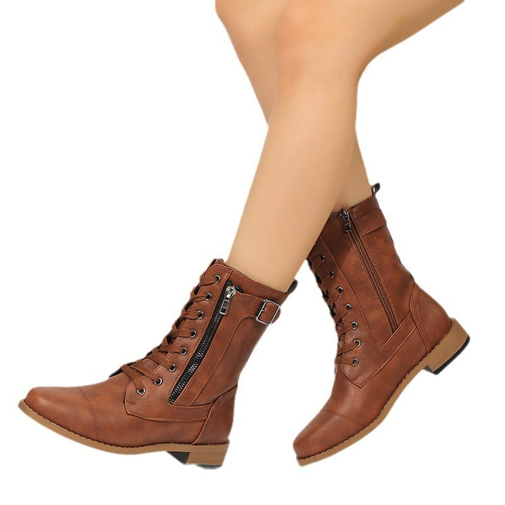 Women's ankle-high laced combat ankle boots with side double zipper and adjustable buckle strap Mune Fashion