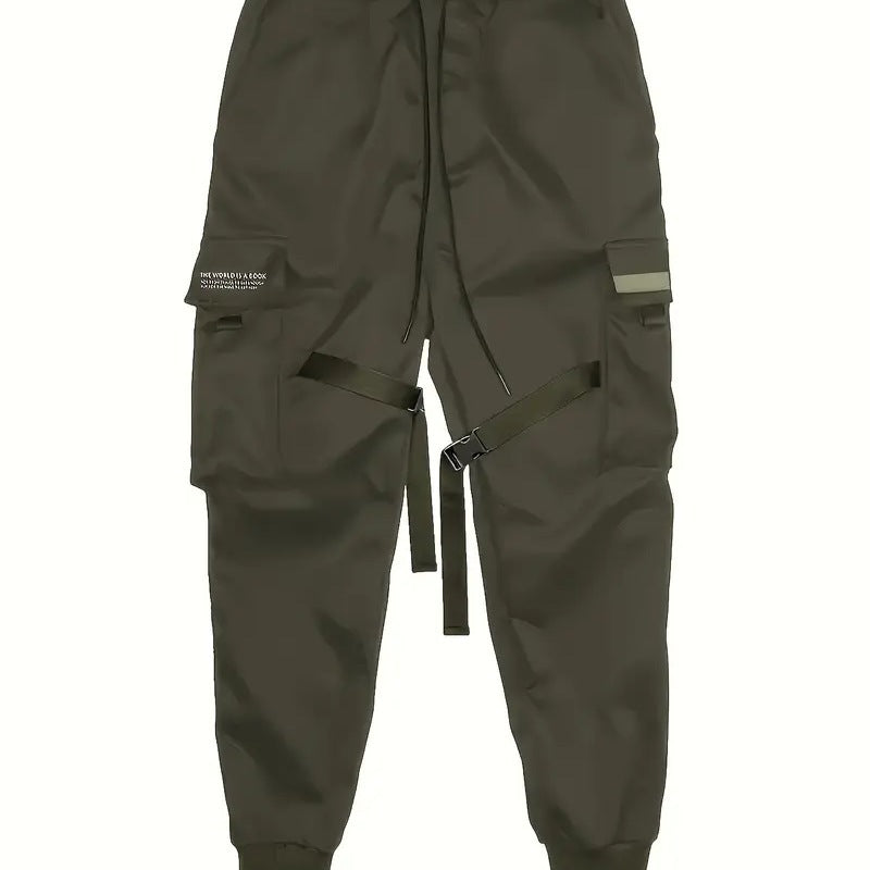 Men's Technical Cargo Jogging Pants with Multiple Pockets, Belt Straps & Elastic Cuffs Mune Fashion