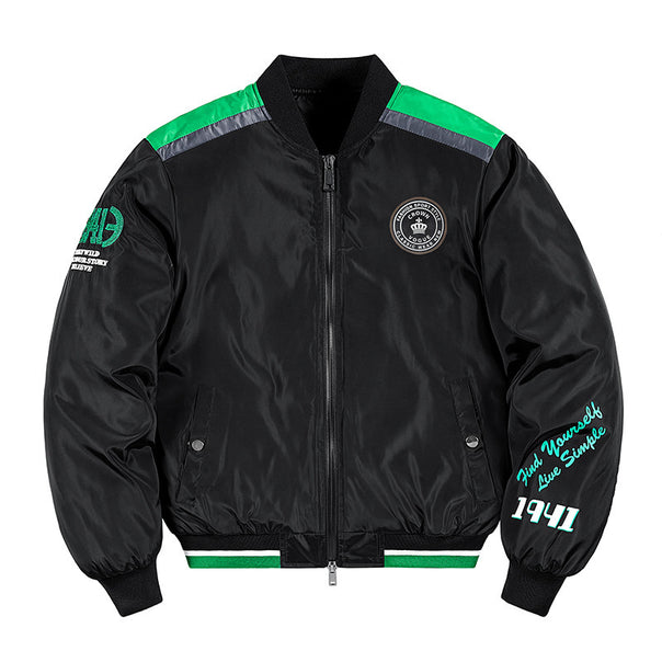 Men's Short Cut Nylon Bomber Jacket with Sporty Shoulder Piping, Logo Applications and Double Zipper Mune Fashion