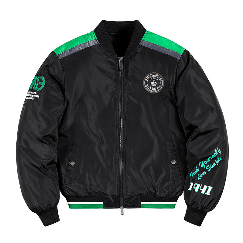 Men's Short Cut Nylon Bomber Jacket with Sporty Shoulder Piping, Logo Applications and Double Zipper Mune Fashion