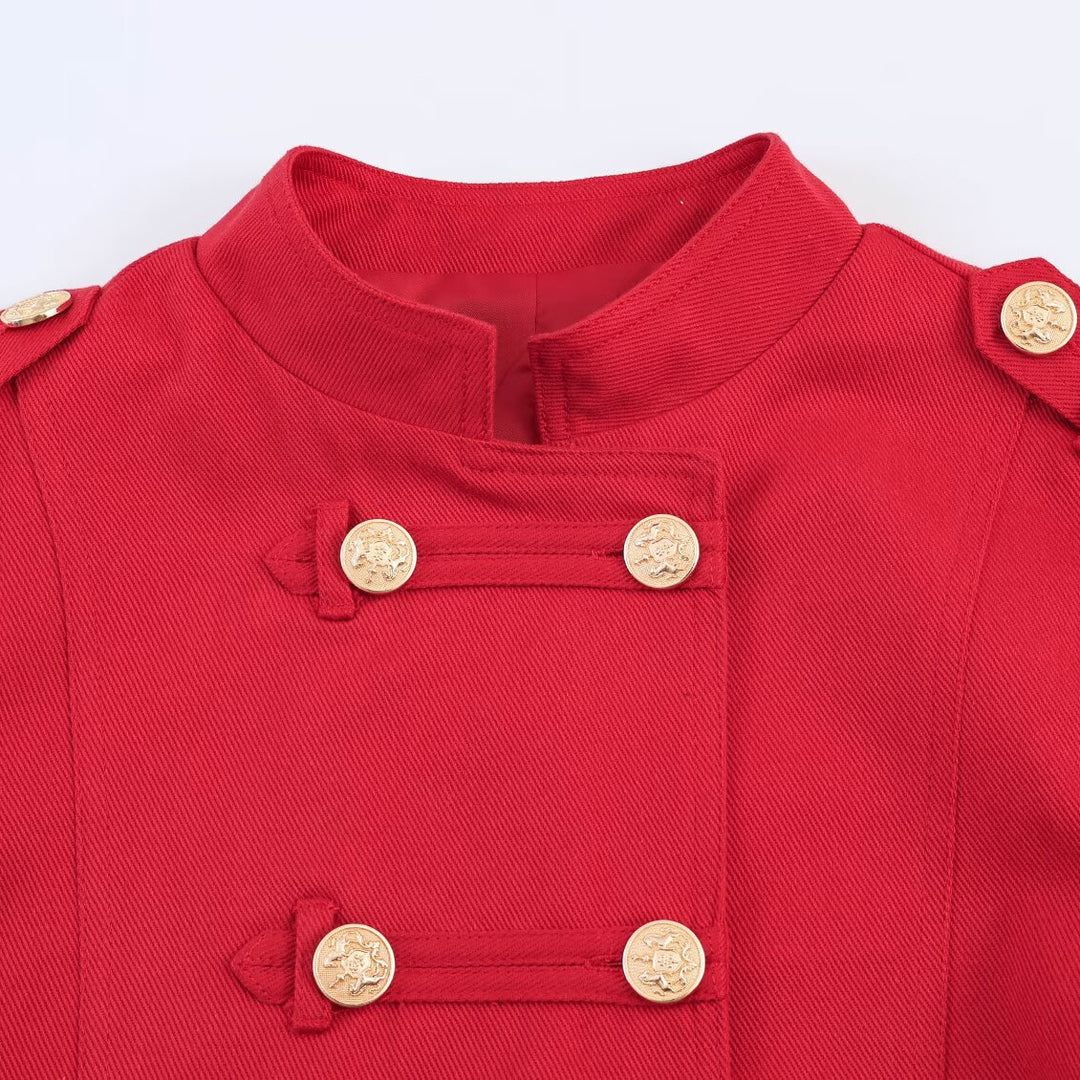 Women's Short-Cut Military Jacket with Stand-Up Collar and Decorative Button Placket Mune Fashion