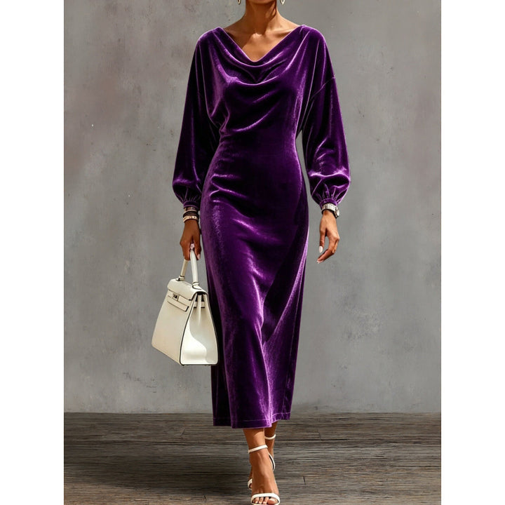 Women's midi dress made of velvet with draped waterfall neckline and balloon sleeves Mune Fashion
