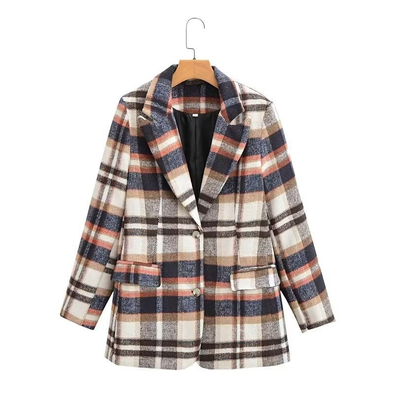Women's Checked Wool Blend Single-Breasted Blazer with Notch Lapel and Flap Pockets Mune Fashion