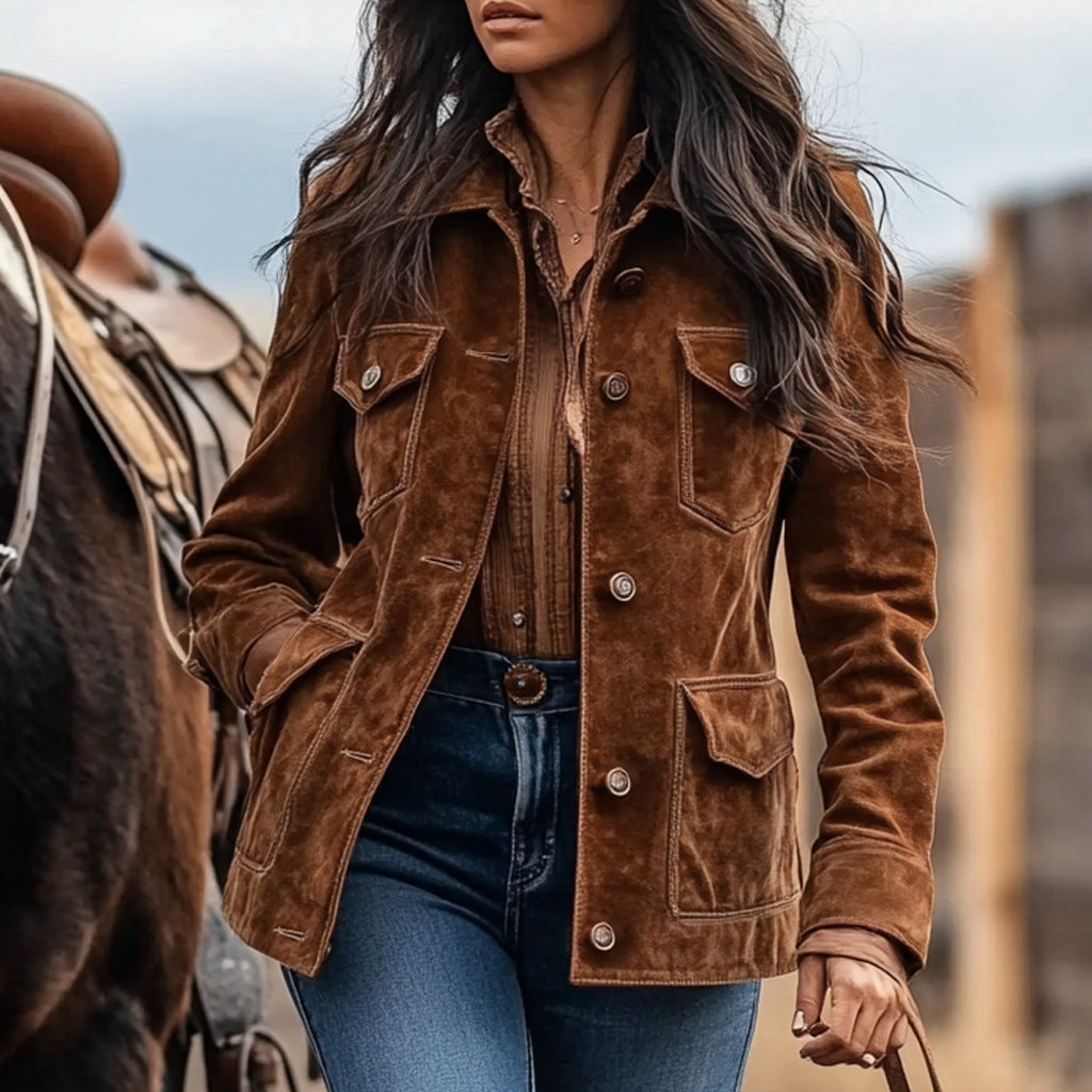 Women’s suede jacket in Western style with button placket and flap pockets Mune Fashion
