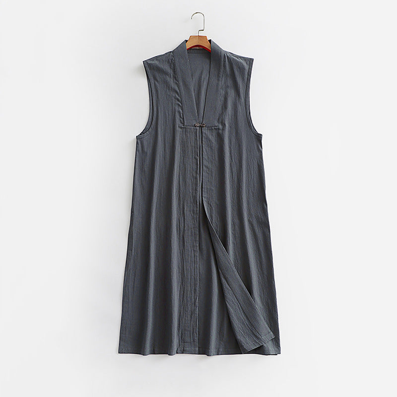 Women's Long Sleeveless Kimono Vest made of Linen Blend with Narrow Shawl Collar and Decorative Toggle Closure Mune Fashion