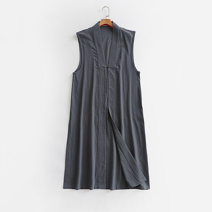 Women's Long Sleeveless Kimono Vest made of Linen Blend with Narrow Shawl Collar and Decorative Toggle Closure Mune Fashion