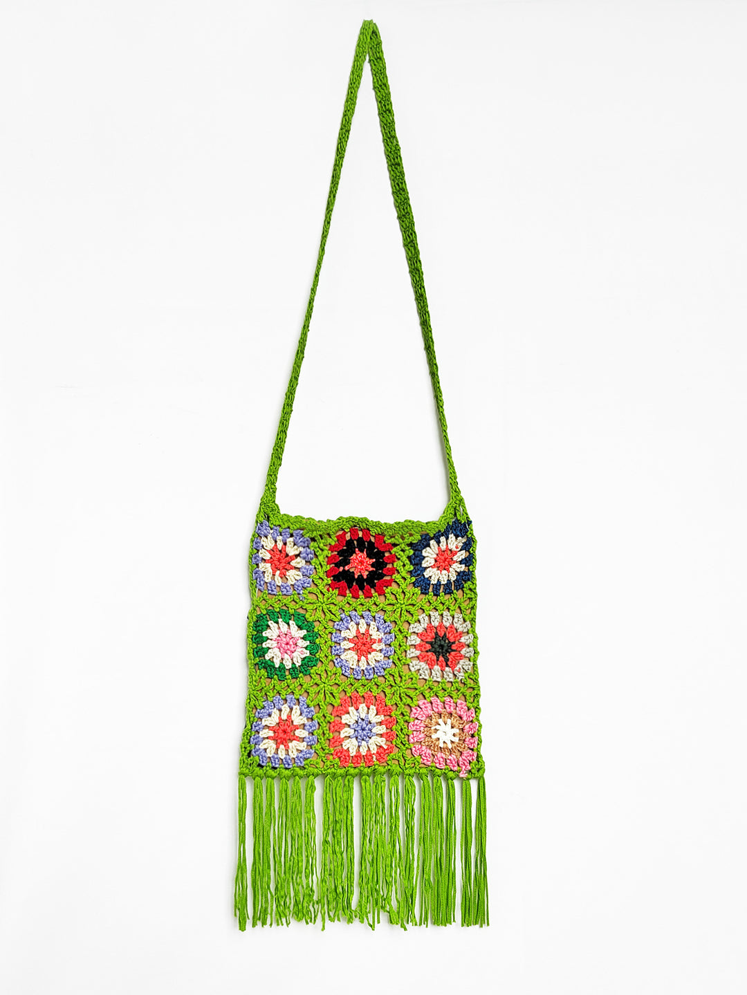 Women crocheted shoulder bag with colorful floral patterns and fringes Mune Fashion