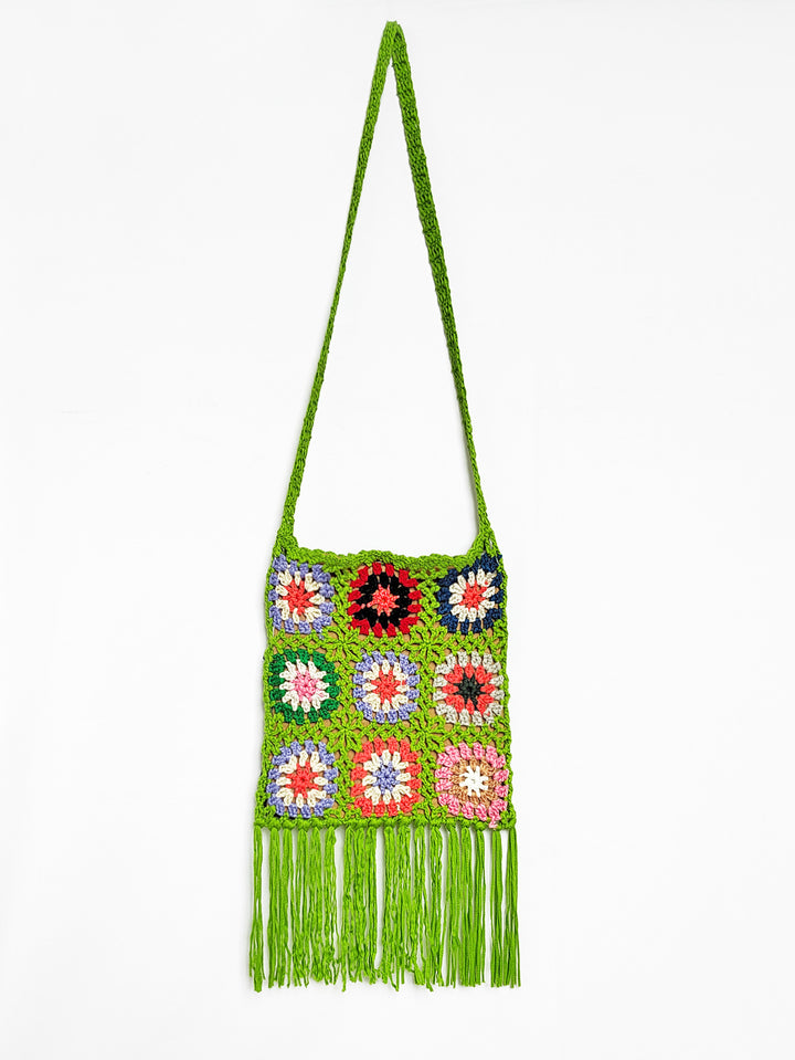 Women crocheted shoulder bag with colorful floral patterns and fringes Mune Fashion